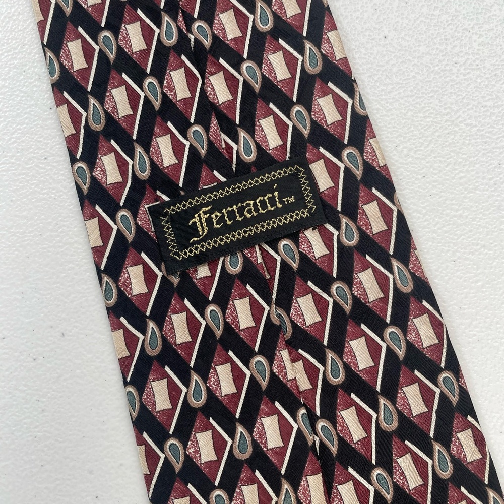 Vintage Ferracci Italian Silk Tie Burgundy Black Geometric